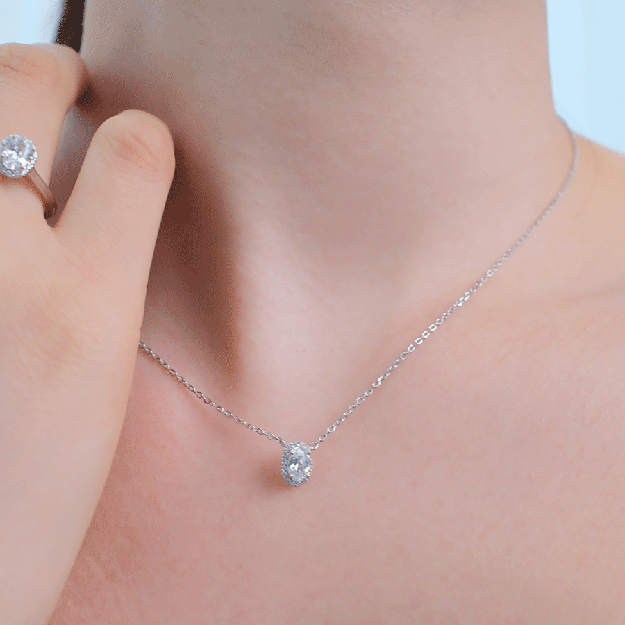 oval crystal silver necklace